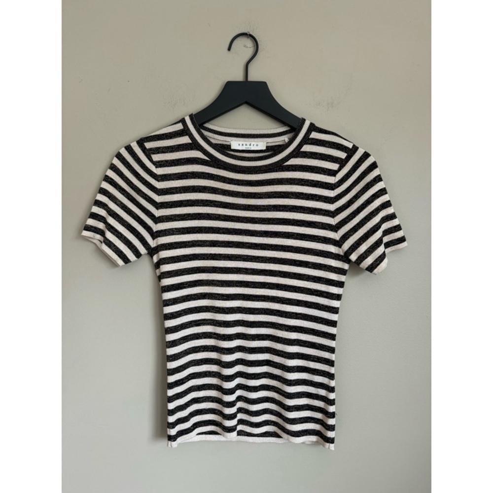 Sandro Black and White Striped Short Sleeve Tee